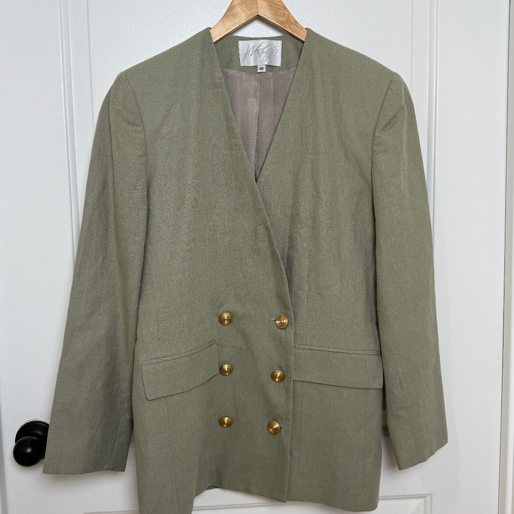 VTG Lord & Taylor Suit Jacket Skirt Linen Cotton Blend Sage Green Chic